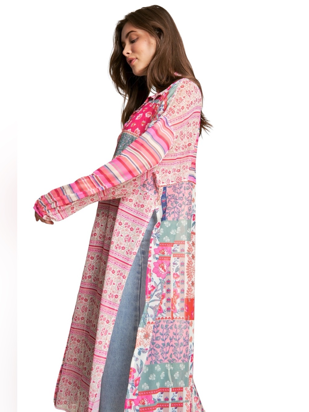 Davi & Dani Pink Printed Fun Lovin' Button Front Maxi Shirt Mesh Duster EUC 3X